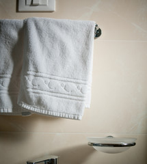 Bathroom Towel - white towel and soap-dish