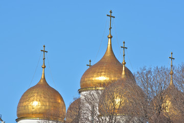 Golden domes of churches in the Moscow Kremlin.