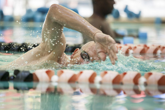 senior man swimming laps