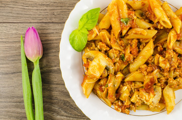 Pasta with mushrooms, minced meat and tomatoes