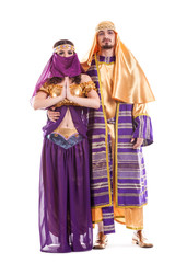 Couple of oriental dancers isolated on white background. Man and