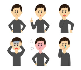 A set of six pose variations of unhappy young man