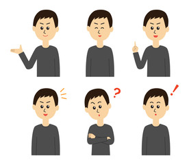 A set of six pose variations of happy young man