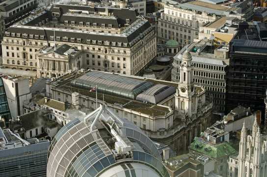 View from above of the historic Royal Exchange building in the centre of the City of London.  The building is now home to luxury shops and restaurants.