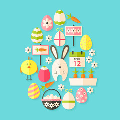Easter Flat Icons Set Egg shaped with shadow over blue