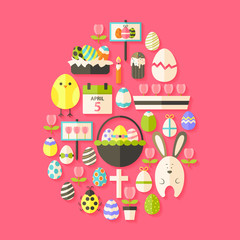 Easter Flat Icons Set Egg shaped with shadow over dark pink