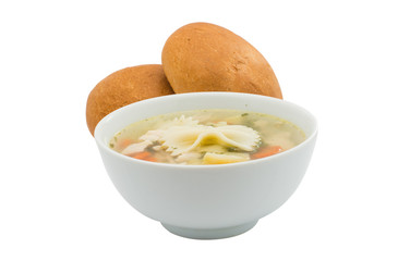 Chicken soup with a bun