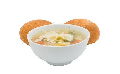 Chicken soup with a bun