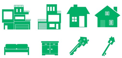 Maison, meuble et clé en 8 icônes