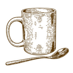 engraving antique illustration of  mug and spoon