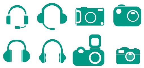 Casque audio et appareil photos en 8 icônes