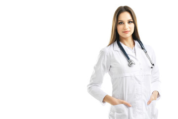 Fototapeta premium Young beautiful doctor isolated on white