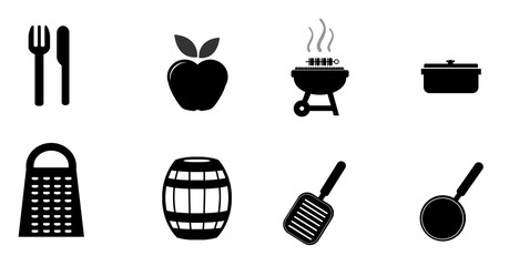 Nourriture et ustensiles de cuisine en 8 icônes