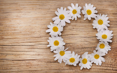 Fototapeta premium Chamomile flowers on wooden background