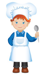 Red-haired boy chef with spoon.