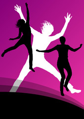 Fototapeta na wymiar Young women active silhouettes jumping in the air abstract backg