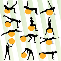 Woman on fitness ball exercises set vector background