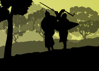 Medieval warrior, crusader vector background landscape concept