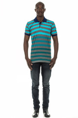 Obraz premium Black man in stripped short sleeve collar shirt on white
