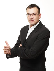 businessman showing thumbs up in office isolated