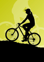 Active woman cyclists bicycle riders in landscape background ill