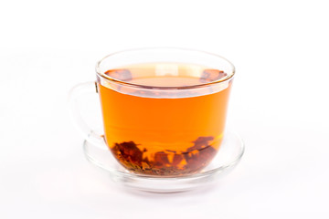 transparent cup of tea isolated on white background
