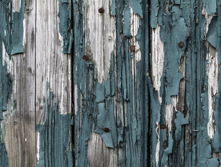 Teal painted wooden background with pieces of paint breaking off