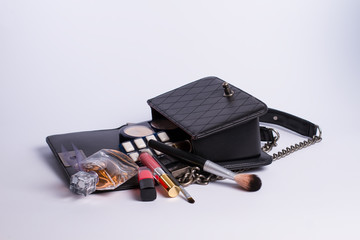 makeup bag and cosmetics