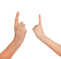 Adult's hand and child's hand with finger point up. Idea concept