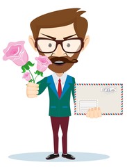 Young man with flowers and a letter, vector illustration