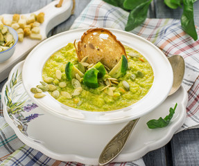 Thick vegetable soup puree with Brussels sprouts, croutons