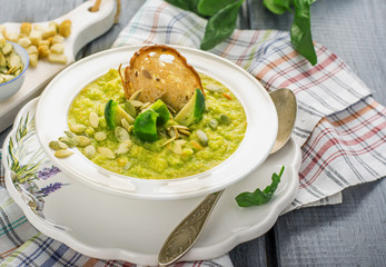 Thick vegetable soup puree with Brussels sprouts, croutons