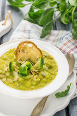 Thick vegetable soup puree with Brussels sprouts, croutons