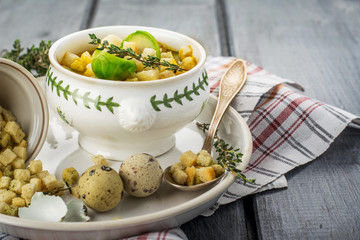 Homemade soup with brussels sprouts and croutons