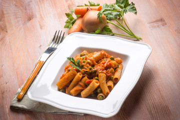 pasta with vegetables ragout and peas