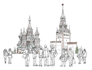  People and tourists at the Red square, Sketch 