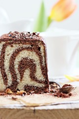 Chocolate and vanilla cake. Selective focus.