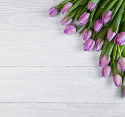  tulips over shabby white wooden table