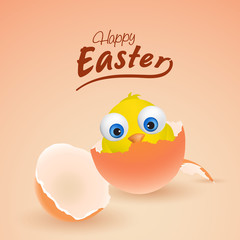 Cute chick coming out from an egg for Happy Easter celebration.