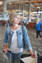 Woman with backpack going on boarding