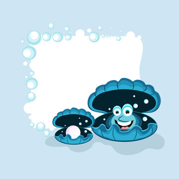 Funny cartoon of a oyster and pearl in blue shells.