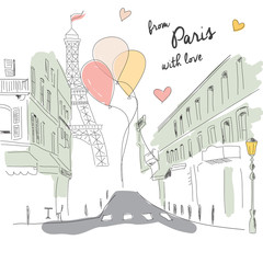 Postcard from Paris street, Eiffel tower, balloons, hand drawn