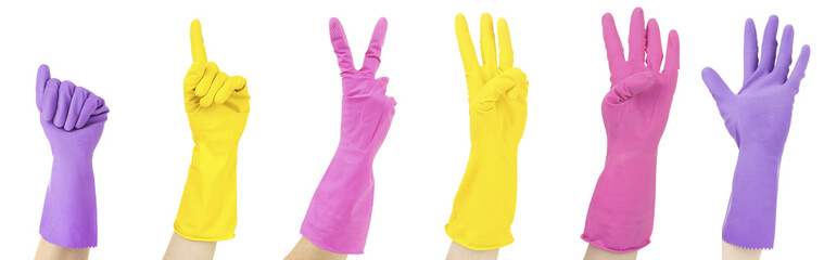 Color gloves gesturing numbers isolated on white