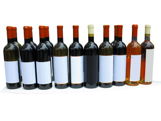 Set of unlabeled wine bottles isolated over white