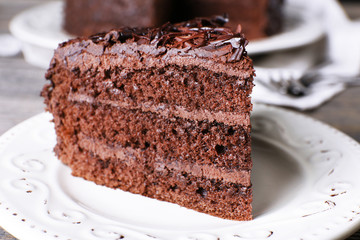 Delicious chocolate cake in white plate