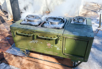 Mobile metal kitchen stove to feed soldiers