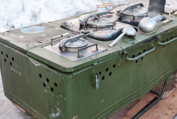 Mobile metal kitchen stove to feed soldiers