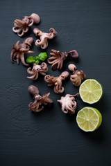 Above view of baby octopuses with lime, black wooden background