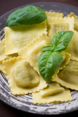 Close-up of italian ravioli with green basil, selective focus