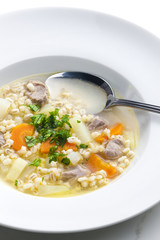 Scottish soup of mutton meat with kohlrabi and barley